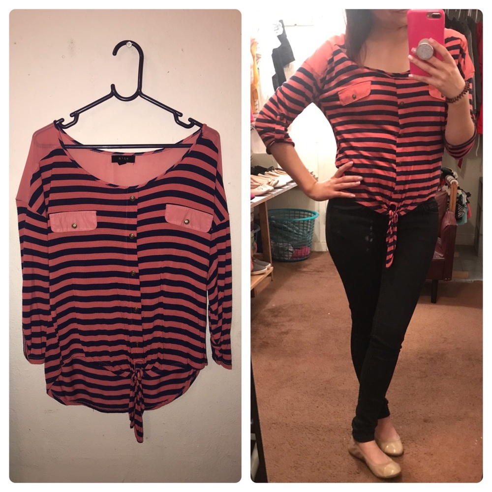 Coral and Navy Blue Striped Top